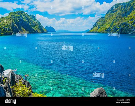 Scenic View Of Sea Bay And Mountain Islands Palawan Philippines Stock