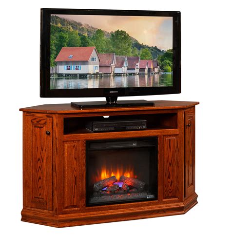 Tv stand for tvs up to 90 with electric fireplace included with remote control and on/off control, 3 changeable flame colors, temperature control, timer setting, and dimmer. Corner TV Stand with 23" Fireplace Insert - Amish ...