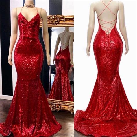 P Red Sequin Prom Dress Mermaid Sleeveless Long Evening Gown