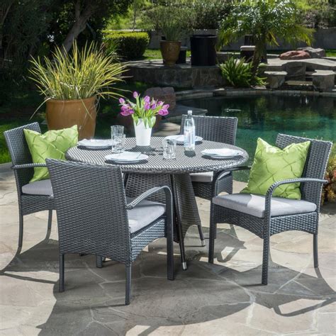 Noble House Nasir Grey 5-Piece Wicker Circular Outdoor Dining Set with ...
