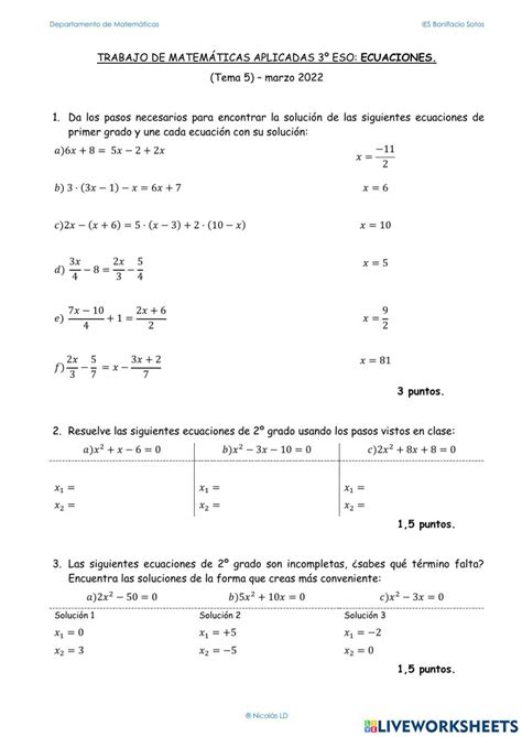 Ecuaciones De Primer Y Segundo Grado Worksheet Artofit