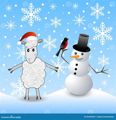 Merry Sheep Snow Man And Bullfinch Stock Vector Illustration Of Home