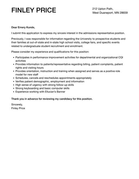 Admissions Representative Cover Letter Velvet Jobs