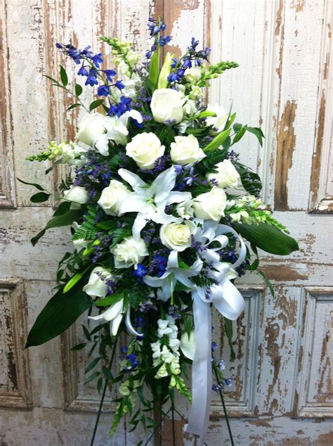 Standing Easel Spray Of White Roses And Hybrid Lilies Electric Blue
