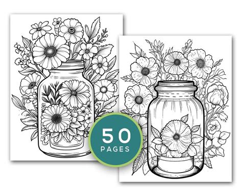 Floral In Jar Coloring Pages For Adults Page Coloring Etsy