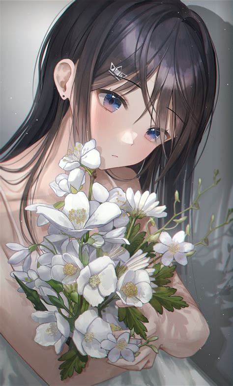 Wallpaper Anime Girls Blue Eyes Dark Hair Flowers 1196x1982 Luiisgz 2187657 Hd