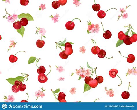 Seamless Cherry Pattern With Summer Berries Fruits Leaves Flowers