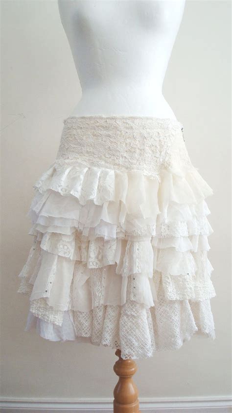 upcycled skirt woman s clothing ivory cream white ruffles cotton linien lace chiffone layers