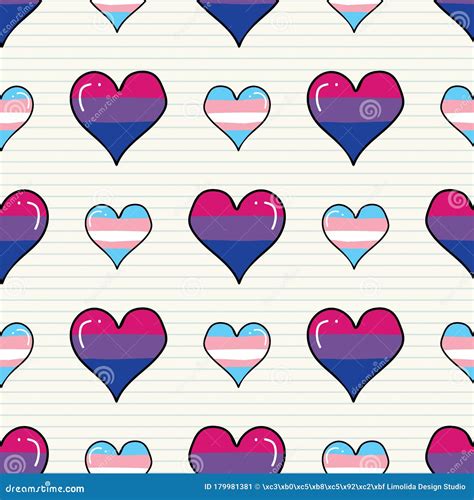 Cute Transgender Bisexual Heart Cartoon Seamless Vector Pattern Hand Drawn Isolated Pride Flag
