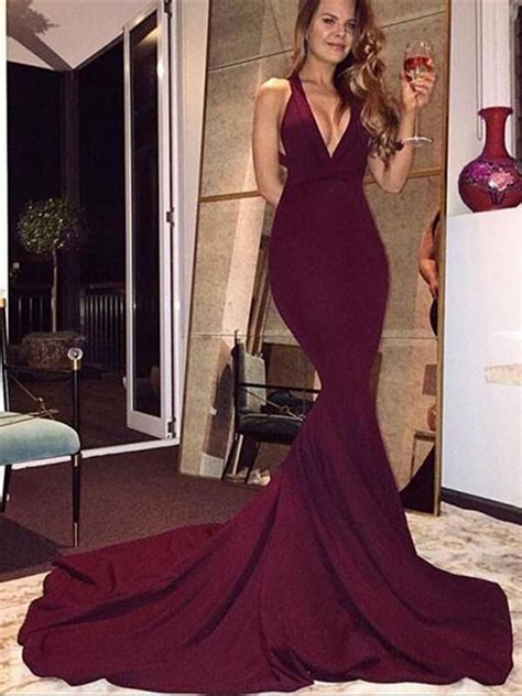 V Neck Backless Maroon Prom Dress With Train Maroon Formal Dress