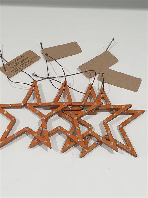 Wooden Christmas Star Hanging Ornaments Set Of 4 Orange Etsy