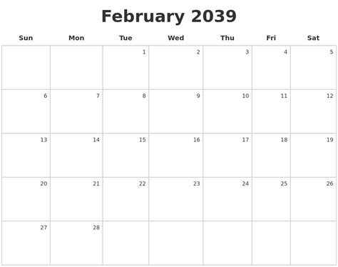 February 2039 Make A Calendar