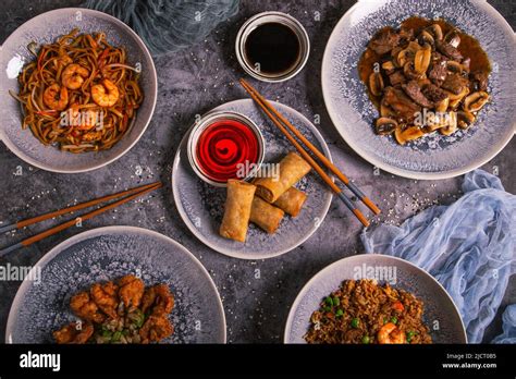 Variety Of Dishes Of Oriental Cuisine View From Above Stock Photo Alamy