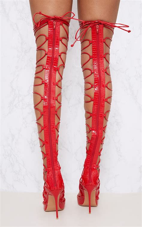 Red Thigh High Lace Up Heels Prettylittlething Usa