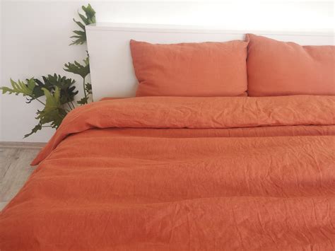 Burnt Orange Linen Bedding Set 1 Duvet Cover 2 Pillowcases Etsy