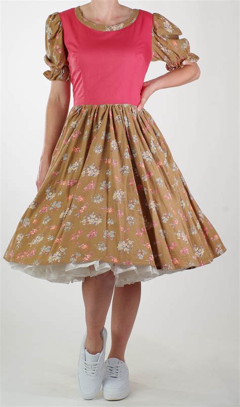 Vintage Square Dancing Dress With Pink Bodice Brown Floral Skirt And