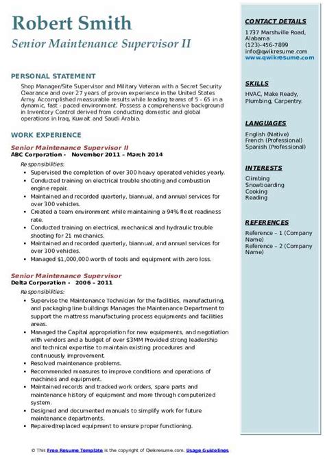 Maintenance supervisor job description, free pdf sample: Senior Maintenance Supervisor Resume Samples | QwikResume