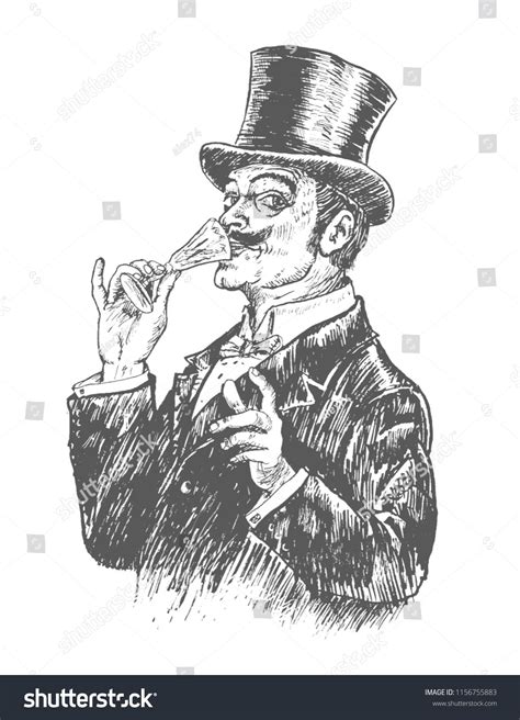 Elegant Gentleman In Top Hat Holding A Glass Of Alcohol Drink Vintage