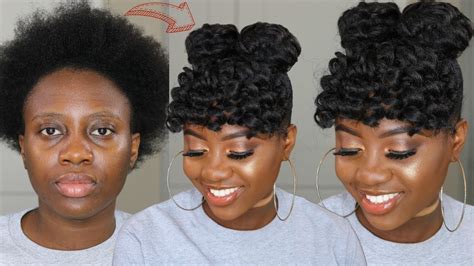 NO CORNROWS CURLY BUNS WITH BANGS BRAIDLESS CROCHET Tutorial Protective Style Hair How To