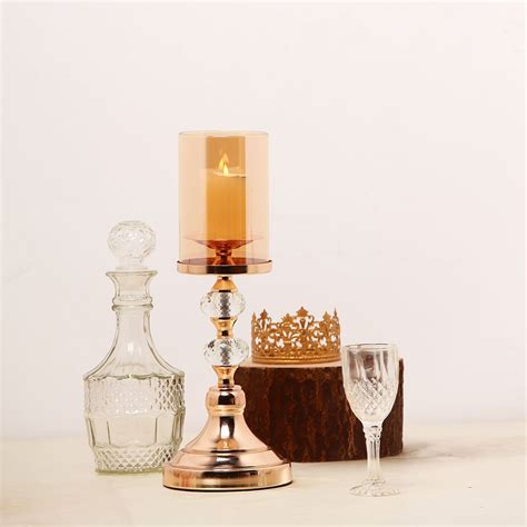 15 Tall Gold Metal Pillar Candle Holder With Hurricane Glass Tube