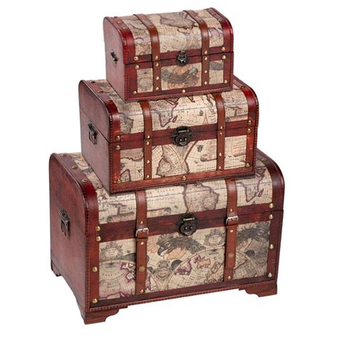 Wooden Chest Trunk 3 Pc Storage And Chests Map Pattern Antique Victorian