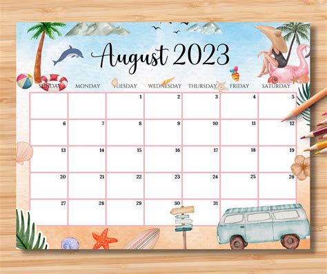Editable August 2023 Calendar Relaxing Summer At The Beach With