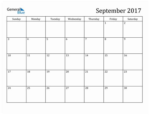 September 2017 Monthly Calendar Pdf Word Excel