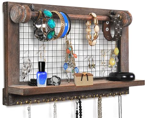 Viefin Rustic Wall Mounted Jewelry Organizer Wood Shabby Chic Earring Holder With Shelf
