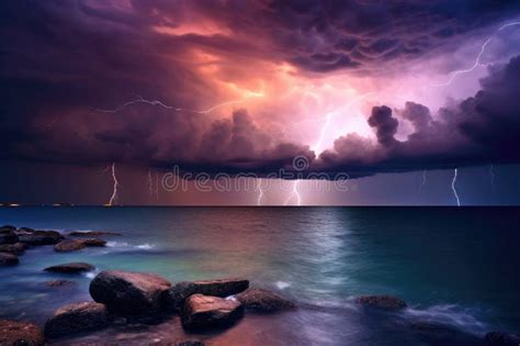Lightning Illuminating Dark Storm Clouds Over Ocean Stock Image Image