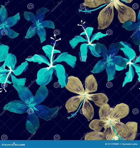 Cobalt Tropical Plant White Seamless Art Azure Pattern Hibiscus Blue