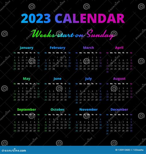 Simple 2023 Year Calendar Weeks Start On Sunday Stock Vector