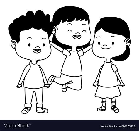Cute Happy Kids Having Fun In Black And White Vector Image