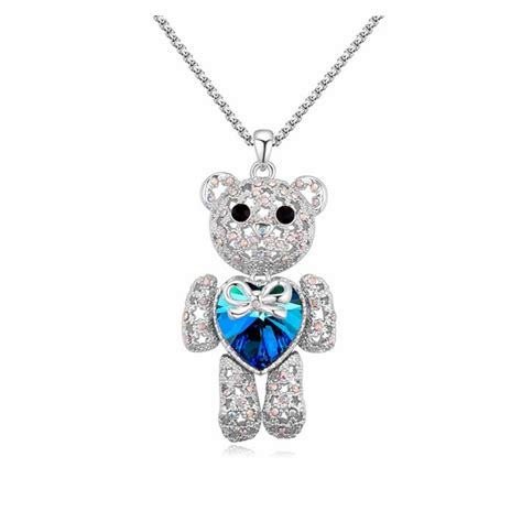 4 Options Heart Austrian Crystal Big Jewelry Teddy Bear Necklace
