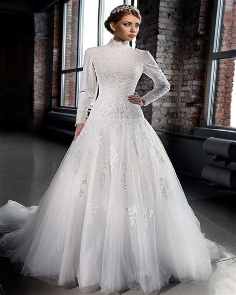 Arabic Bridal Dresses Tulle A Line Lace High Neck Islamic Wedding Gowns