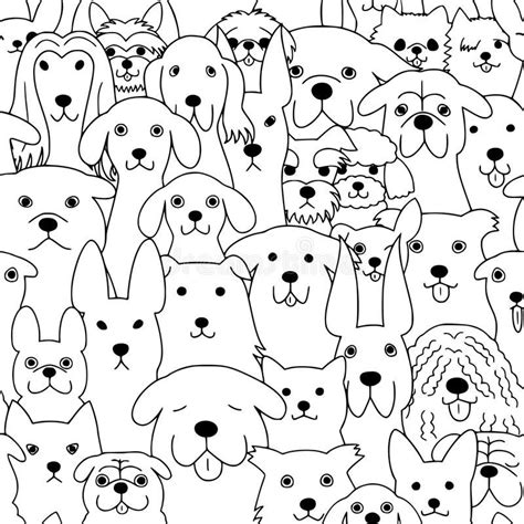 Seamless Doodle Dogs Line Art Background Black And White Stock