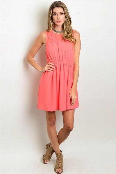 sleeveless coral dress with knit mesh neckline and elastic waistband super comfortable for