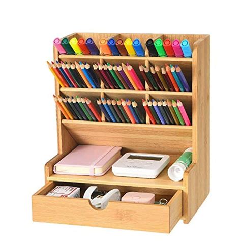 Marbrasse Bamboo Art Supply Desk Organizer Pen Holder With 10 Compartments Drawer Pen