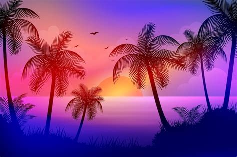 Premium Vector Tropical Beach At Sunset With Palm Trees And Bright Colorful Sky