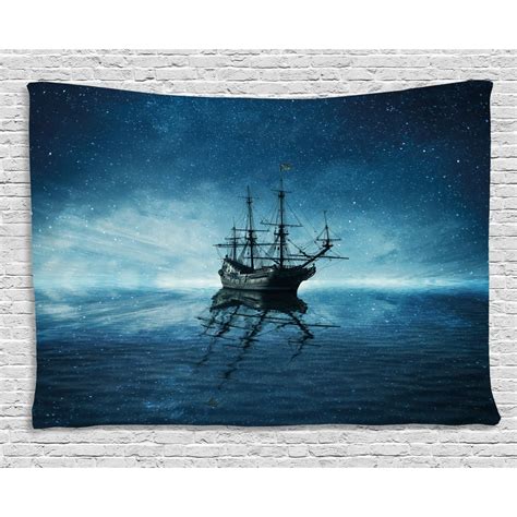 Pirate Ship Tapestry Ship On Dark Blue Sea With Starry Night Sky Water