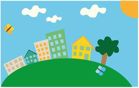 Kids Drawing Of Houses On A Green Hill With Butterflies Stock Vector