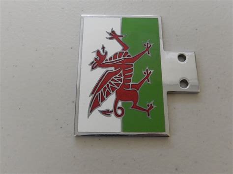Vintage Chrome And Enamel Welsh Wales Red Dragon Car Grille Badge With