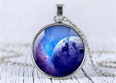 Galaxy Necklace Space Nebula Pendant Blue Planet Necklace Etsy