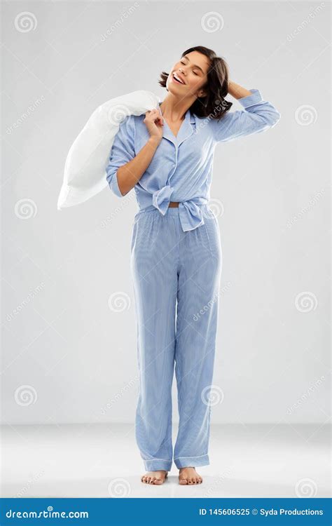 Happy Sleepy Woman In Blue Pajama Holding Pillow Stock Image Image Of