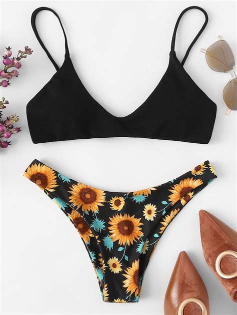 Thin Strap Plunge Top With Floral Print Bikini Set SHEIN SHEINSIDE Bikinis Swimsuits