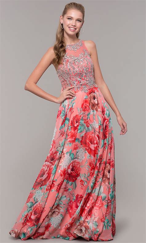 Long Floral Print Prom Dress With Sheer Bodice Floral Print Prom Dress Floral Dresses Long