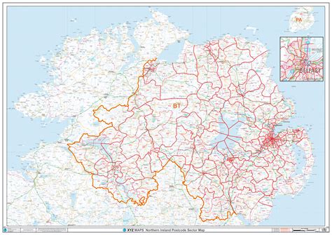 Northern Ireland Postcode Sector Wall Map S14 Xyz Maps
