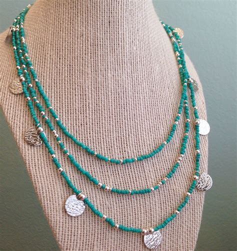 Turquoise Multi Strand Charm Necklace Turquoise Necklace Silver Beads