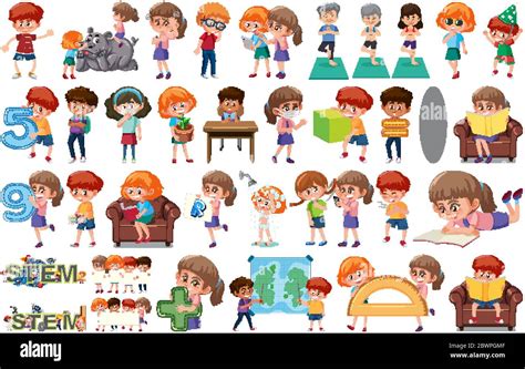 Large Set Of Children Doing Different Activities On White Background