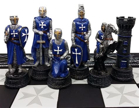 Medieval Times Crusades Red And Blue Armored Maltese Knights Chess Set W