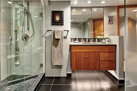 But this direct installation will result in a floor that's cold underfoot. Warm grey tile for basement bathroom. Corner shower. black ...